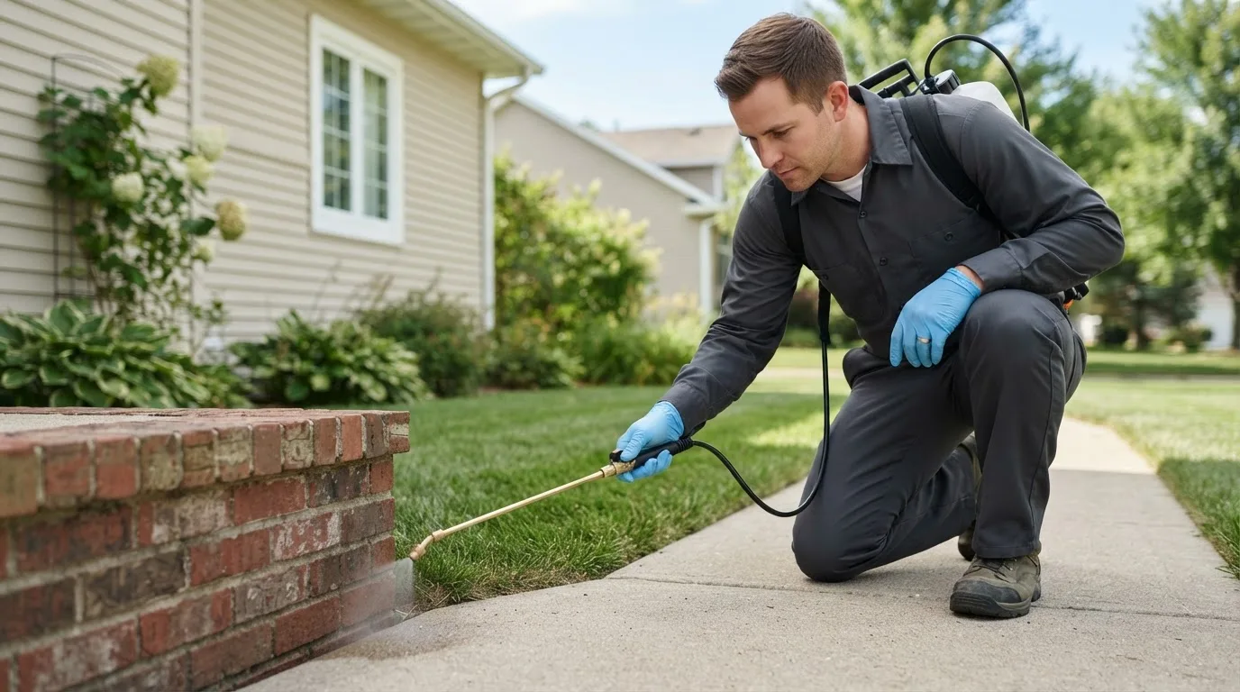 Pest control technician treating a home near Rochester, NH